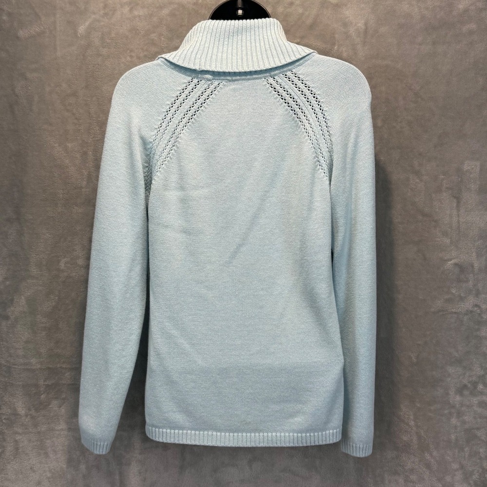 Liz Claiborne Light Blue Metallic Shimmer Cowl Neck Sweater Pointelle Shoulder L - Picture 2 of 8